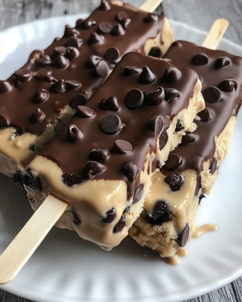 Chocolate chip cookie dough pops on sticks, coated with sprinkles, arranged on a plate