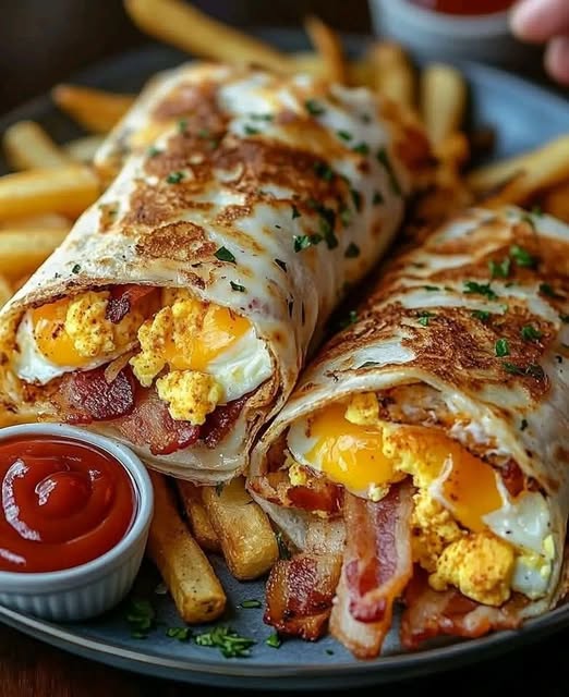 Cheesy Bacon Breakfast Wraps with Fries